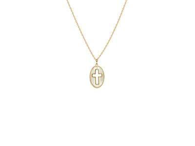 Collier motif ovale 12 mm, nacre croix ajourée, 423 cm, Or jaune 18k