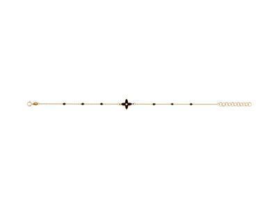 Bracelet motif Fleur 4 pétales et boules émail noir sur chaîne, 173 cm, Or jaune 18k