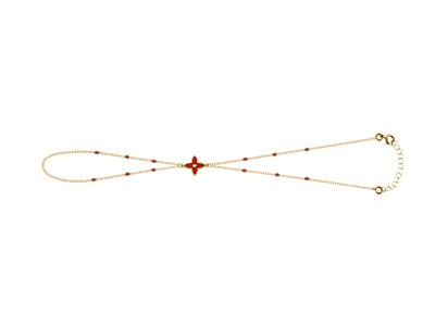 Chaîne de main motif Fleur 4 pétales émail rouge sur chaîne, 173 cm, Or jaune 18k