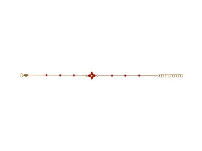Bracelet motif Fleur 4 pétales et boules émail rouge sur chaîne, 173 cm, Or jaune 18k