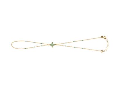 Chaîne de main motif Fleur 4 pétales émail turquoise sur chaîne, 173 cm, Or jaune 18k