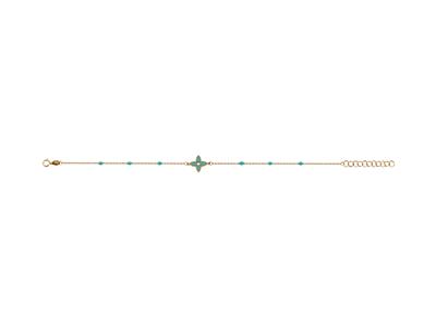 Bracelet motif Fleur 4 pétales et boules émail turquoise sur chaîne, 173 cm, Or jaune 18k