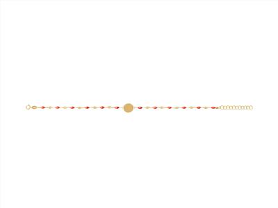 Bracelet plaque Ronde 10 mm, boules émail rouge sur chaîne, 173 cm, Or jaune 18k