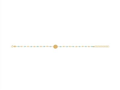 Bracelet plaque Ronde 10 mm, boules émail turquoise sur chaîne, 173 cm, Or jaune 18k