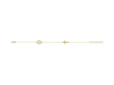 Bracelet religieux, motif Ovale centre croix ajourée, boules émail blanc sur chaîne, 173 cm, Or jaune 18k