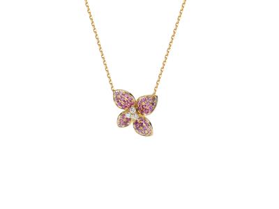 Collier Fleur 15 x 20 mm, diamants 0,09ct, rubis 0,21ct et saphirs roses 0,33ct, 40-42-45 cm, Or jaune 18k - Image Standard - 1