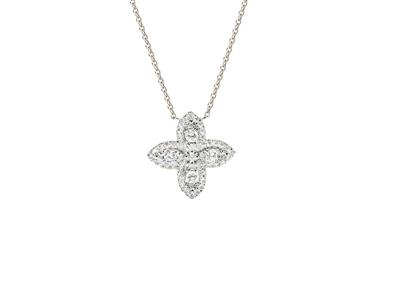 Collier motif fleur 4 pétales 15 mm, diamants 0,35ct, 40-42-45 cm, Or gris 18k