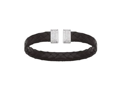 Bracelet Jonc cuir noir avec Oxydes de zirconium 9 mm, 70 x 50 mm, Argent 925 Rh - Image Standard - 1