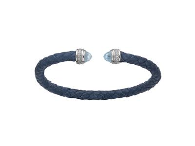 Bracelet Jonc rond cuir bleu avec Oxydes de zirconium et Cristaux bleus 5 mm, 58 x 48 mm, Argent 925 Rh - Image Standard - 1
