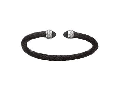Bracelet Jonc rond cuir noir 5 mm, avec Oxydes de zirconium et Cristaux noirs, 58 x 48 mm, Argent 925 Rh - Image Standard - 1