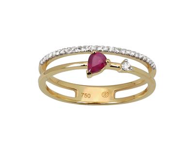 Bague double rang, diamants 0,10ct et rubis taille poire 0,19ct, Or jaune 18k, doigt 52