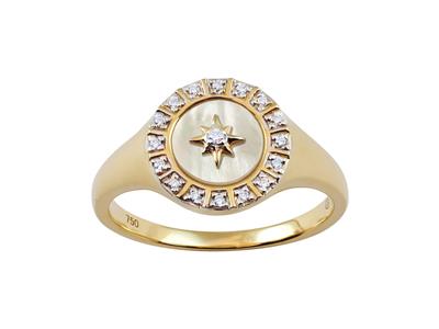 Chevalière 10,50 mm, nacre avec motif étoile du nord, entourage diamants 0,07ct, Or jaune 18k, doigt 52