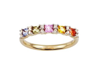 Alliance rainbow 2,50 mm, diamants 0,13ct et saphirs bleu, vert, rose, jaune et orange 0,65ct, Or jaune 18k, doigt 52