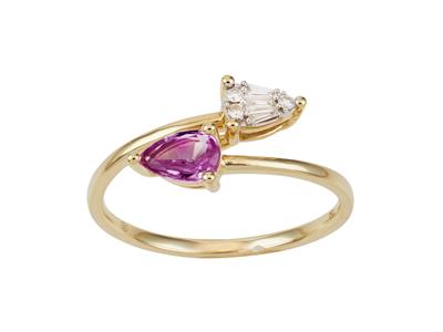 Bague Toi et Moi, diamants rond et baguettes 0,06ct, saphir rose 0,39ct, Or jaune 18k, doigt 54