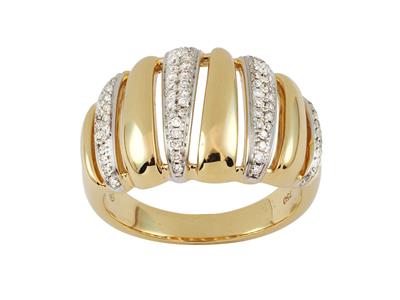 Bague godronnée ajourée 13 mm, diamants 0,20 ct, Or jaune 18k, doigt 52