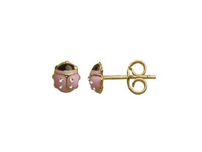 Boucles d'oreilles Coccinelle 5 mm, email rose et Oxyde de Zirconium, Or jaune 18k - Image Standard - 1