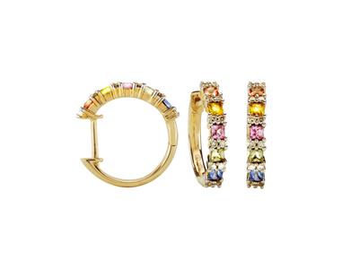 Créoles rainbow, diamètre intérieur 12 mm, diamants 0,15ct et saphirs bleu, vert, rose, jaune et orange 0,75ct, Or jaune 18k