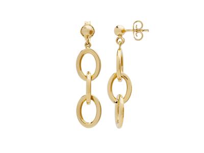 Boucles doreilles 3 mailles ovales pendantes, hauteur 36 mm, tube creux, Or jaune 18k