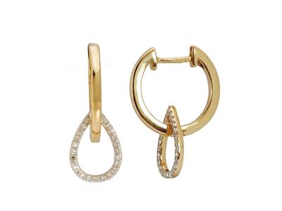 Boucles doreilles motif Gouttes ajourées, hauteur 21 mm, diamants 0,13ct, Or jaune 18k