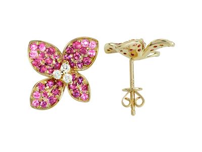 Boucles doreilles Fleur, hauteur 15 mm, diamants 0,13ct et saphirs roses 0,55ct, Or jaune 18k