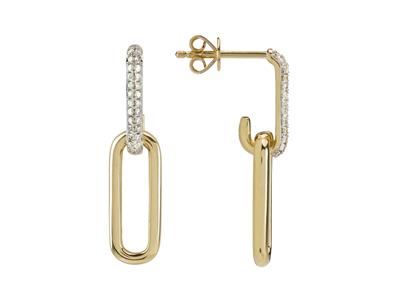 Boucles doreilles pendantes rectangles entrelacés, hauteur 20 mm, diamants 0,16ct, Or jaune 18k