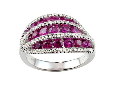 Bague trois rangs, diamants 0,34ct et rubis 1,89ct, Or gris 18k, doigt 54