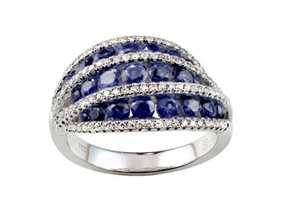 Bague trois rangs, diamants 0,34ct et saphirs 1,98ct, Or gris 18k, doigt 54 - Image Standard - 1