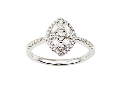 Bague Marquise 12,50 mm, diamants ronds et baguettes 0,49ct, Or gris 18k, doigt 54