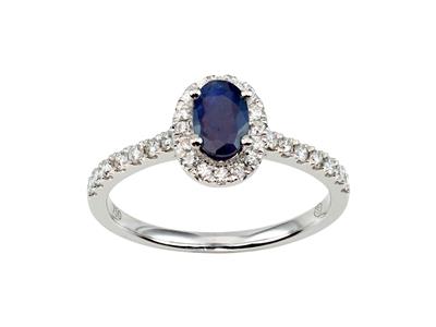 Bague solitaire, saphir bleu ovale 0,57ct entourage diamants 0,28ct, Or gris 18k, doigt 52 - Image Standard - 1