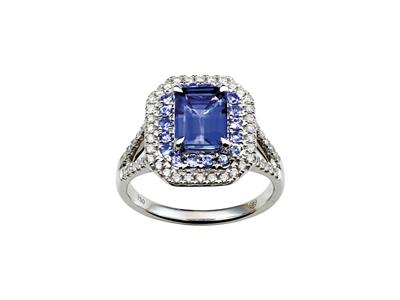 Bague corps fourche serti, diamants 0,35ct et tanzanite bleue taille émeraude 1,90ct, Or gris 18k, doigt 52