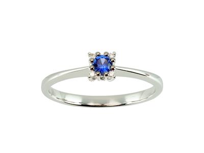 Bague solitaire, saphir rond 0,14ct entourage diamants 0,02ct, Or gris 18k, doigt 50 - Image Standard - 1