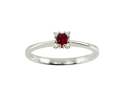 Bague solitaire, rubis rond 0,14ct entourage diamants 0,02ct, Or gris 18k, doigt 50