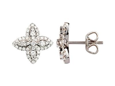 Boucles doreilles motif Fleur 4 pétales, hauteur 12 mm, diamants 0,35ct, Or gris 18k