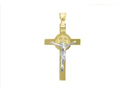 Pendentif Croix scapulaire Christ Saint Benoît 28 x 18 mm, Or bicolore 18k